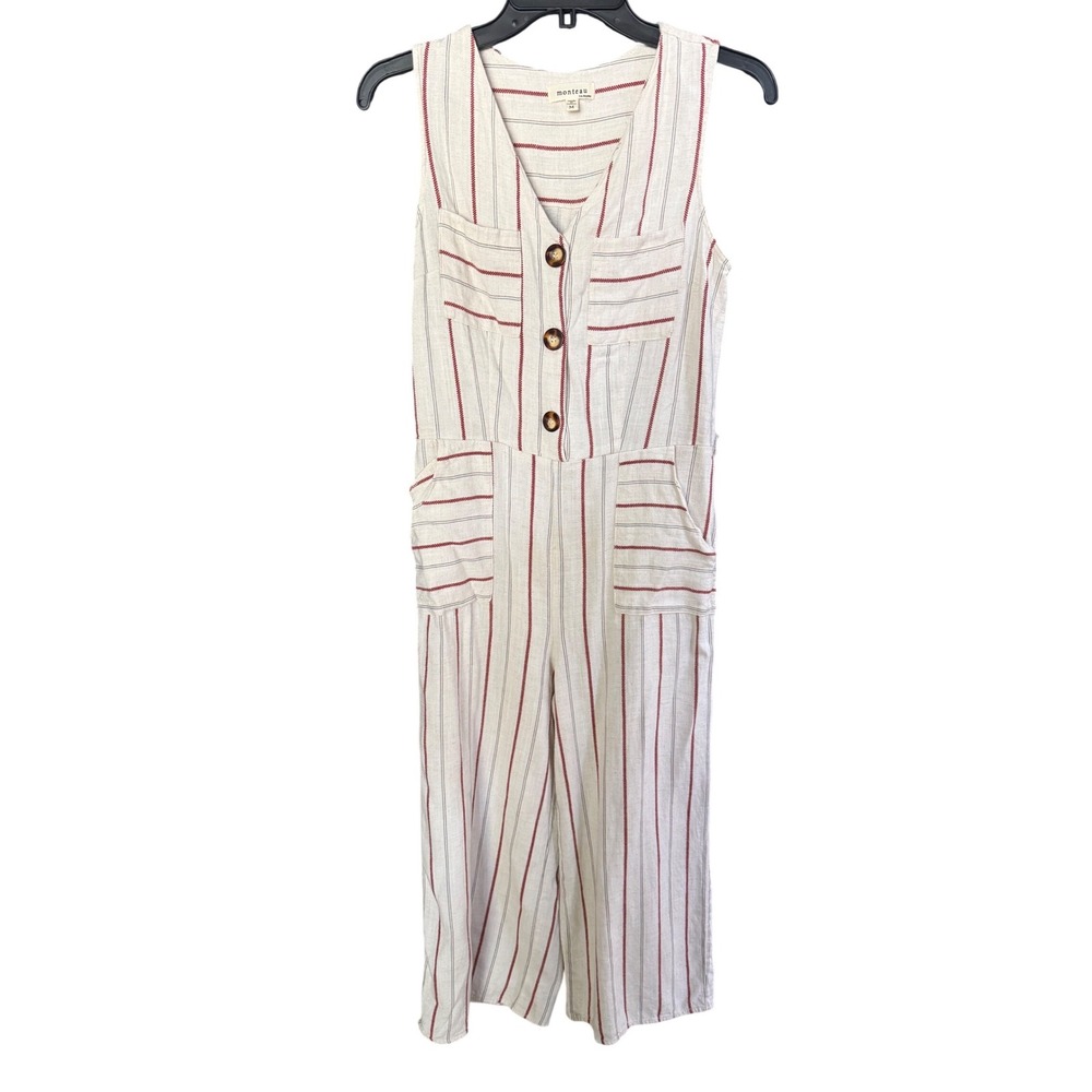 Monteau Los Angeles Striped Linen Blend Jumpsuit Red Cream Medium Fits Small